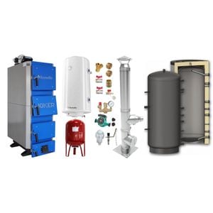 Pachet Cazan (centrala) pe combustibil solid, (lemn, carbune), Fornello Joker 55 kW, Puffer 800 litri, Cos Inox, Boiler, Vas Expansiune, Pompa, Fitinguri Montaj
