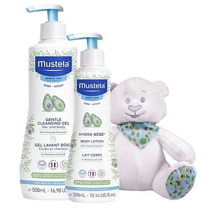 Pachet Mustela: Gel de curatare pentru par si corp 500 ml + Crema hidratanta de corp Hydra Bebe 300 ml + Ursulet