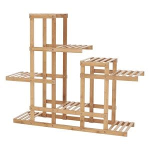 Suportul ghiveci flori DacEnergy, fabricat din bambus lacuit, opt polite, 103.5 x 25 x 85 cm, culoare natur