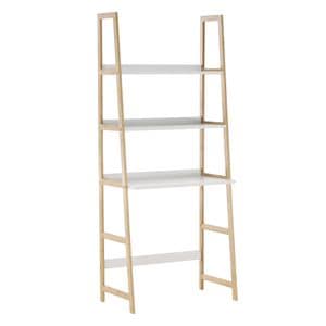Etajera DacEnergy, realizata din MDF si bambus lacuit, multifunctionala, practica, 63x149x36 cm, 3 rafturi, spatiu pentru scaun, finisaj alb si natur