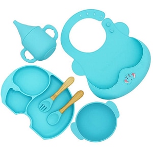 Set diversificare bebelusi Elefant, 6 piese, set hranire silicon fara BPA, Empria, Premium, Bleu