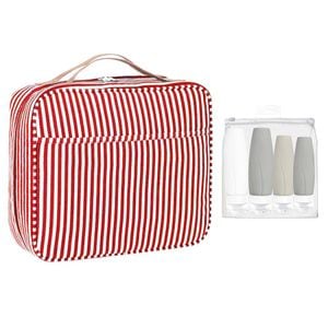 Set calatorie, Quasar & Co., cu geanta cosmetice si 4 x recipiente dozatoare voiaj, interior impermeabil, textil/silicon, rosu-gri