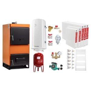 Pachet Centrala pe combustibil solid Fiama W 35 kW, Radiatoare Otel, Boiler Termoelectric, Vas Expansune, Pompa si Fitinguri Montaj