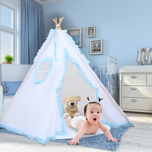 Cort de joaca pentru copii, cort teepee, stil indian, Empria, 110x110x110 cm, Alb/Bleu