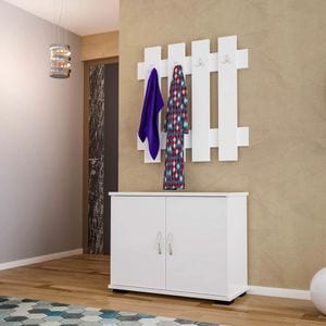 Set hol cuier de perete cu 4 agatatori duble si pantofar, Fulya, alb