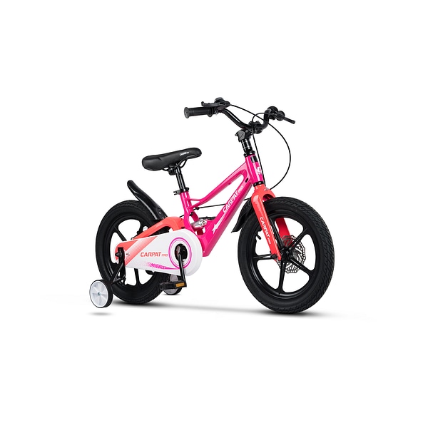 Bicicleta MTB de munte pentru copii 5-8 ani Mid Suspension Carpat Pro JSX18144, cadru din Aluminiu cu cabluri integrate, suspensie spate, roata 18 inch, frana pe disc, roti ajutatoare, fucsia cu roz