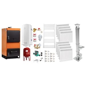 Pachet Centrala pe combustibil solid Fiama W 45 kW, Cos inox, Calorifere aluminiu, Boiler Termoelectric, Vas Expansune, Pompa si Fitinguri Montaj