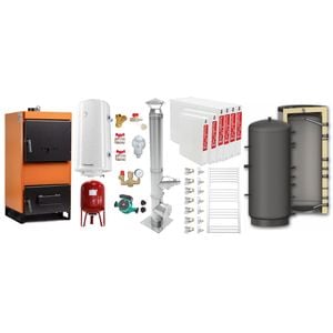 Pachet Centrala pe combustibil solid Fiama W 45 kW, Puffer 1000 litri, Cos inox, Radiatoare Otel, Boiler Termoelectric, Vas Expansune, Pompa si Fitinguri Montaj