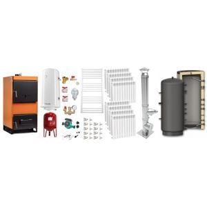 Pachet Centrala pe combustibil solid Fiama W 45 kW, Puffer 1000 litri, Cos inox, Calorifere aluminiu, Boiler Termoelectric, Vas Expansune, Pompa si Fitinguri Montaj
