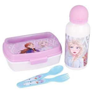 Set pranz 4 piese Frozen II cutie sandwich, sticla aluminiu si tacamuri Mov