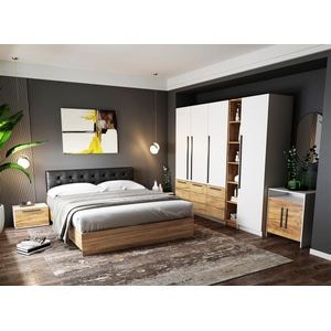 Mobila dormitor Dormitor, pat 160 x 200 cm, dulap, comoda, 2 noptiere, alb-bej