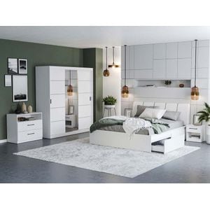Mobila dormitor Nordis c/16, pat 160 x 200 cm, dulap, comoda, 2 noptiere, alb