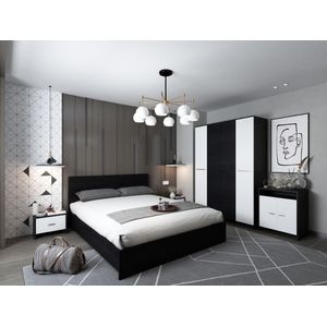 Mobila dormitor Mario, pat 160 x 200 cm, dulap, comoda, 2 noptiere, alb-wenge