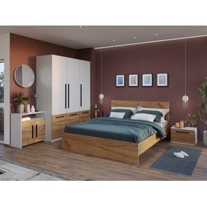 Mobila dormitor Timea, pat 160 x 200 cm, dulap, comoda, 2 noptiere, alb-bej