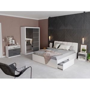 Mobila dormitor Avangard c/09, pat 160 x 200 cm, dulap, comoda, 2 noptiere, alb-antracit