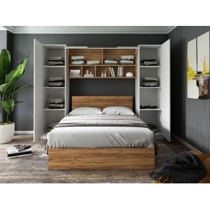 Mobila dormitor Timea, pat 160 x 200 cm, dulap, corp superior, alb-bej