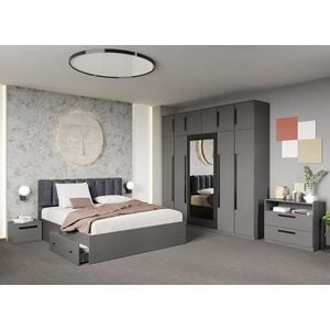 Mobila dormitor Dallas, pat 160 x 200 cm, dulap, comoda, 2 noptiere, antracit