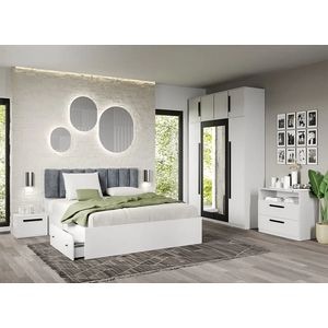 Mobila dormitor Dallas, pat 160 x 200 cm, dulap, comoda, 2 noptiere, alb