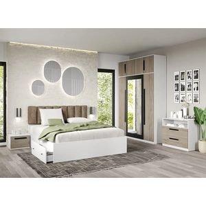 Mobila dormitor San Remo Dallas, pat 160 x 200 cm, dulap, comoda, 2 noptiere, alb-bej