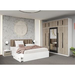 Mobila dormitor San Remo, pat 160 x 200 cm, dulap, 2 noptiere, alb-bej