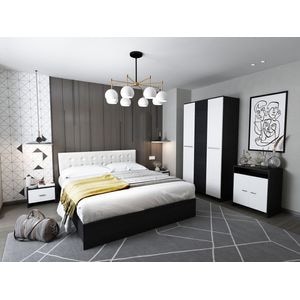 Mobila dormitor Mario, pat 160 x 200 cm, dulap, comoda, 2 noptiere, alb-wenge