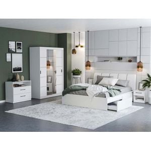 Mobila dormitor Nordis c/08, pat 160 x 200 cm, dulap, comoda, 2 noptiere, alb