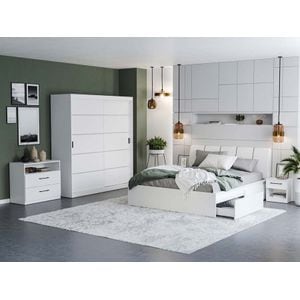 Mobila dormitor Nordis c/13, pat 160 x 200 cm, dulap, comoda, 2 noptiere, alb