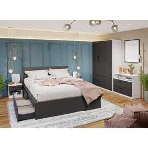 Mobila dormitor Benjamin C07, pat 160 x 200 cm, dulap, comoda, 2 noptiere, alb-antracit