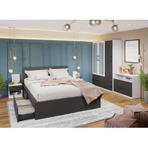 Mobila dormitor Benjamin C09, pat 160 x 200 cm, dulap, comoda, 2 noptiere, alb-antracit