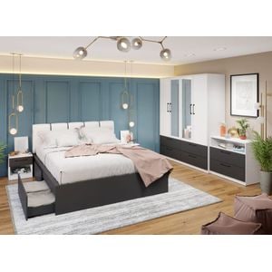 Mobila dormitor Benjamin C14, pat 160 x 200 cm, dulap, comoda, 2 noptiere, alb-antracit