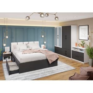 Mobila dormitor Benjamin C15, pat 160 x 200 cm, dulap, comoda, 2 noptiere, alb-antracit