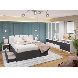 Mobila dormitor Benjamin C16, pat 160 x 200 cm, dulap, comoda, 2 noptiere, alb-antracit