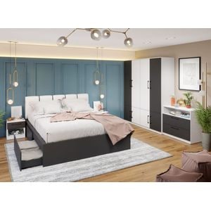 Mobila dormitor Benjamin C17, pat 160 x 200 cm, dulap, comoda, 2 noptiere, alb-antracit