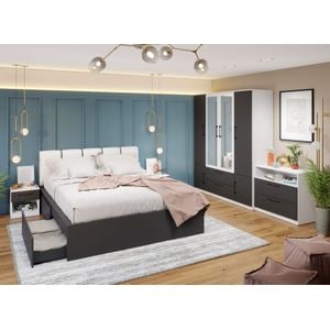Mobila dormitor Benjamin C18, pat 160 x 200 cm, dulap, comoda, 2 noptiere, alb-antracit