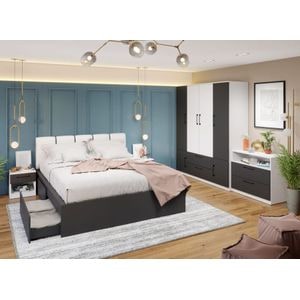Mobila dormitor Benjamin C19, pat 160 x 200 cm, dulap, comoda, 2 noptiere, alb-antracit