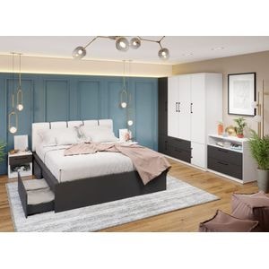 Mobila dormitor Benjamin C20, pat 160 x 200 cm, dulap, comoda, 2 noptiere, alb-antracit