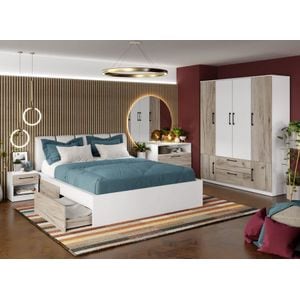Mobila dormitor Relax C25, pat 160 x 200 cm, dulap, comoda, 2 noptiere, alb-stejar