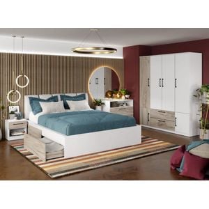 Mobila dormitor Relax C26, pat 160 x 200 cm, dulap, comoda, 2 noptiere, alb-stejar