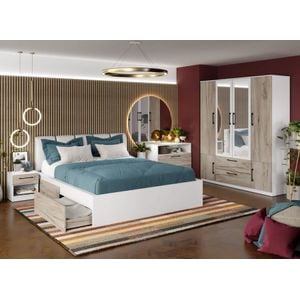 Mobila dormitor Relax C27, pat 160 x 200 cm, dulap, comoda, 2 noptiere, alb-stejar