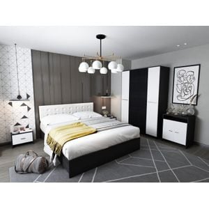 Mobila dormitor Mario, pat 160 x 200 cm, dulap, comoda, 2 noptiere, alb-wenge