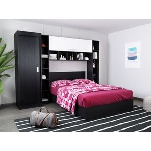 Mobila dormitor Bingo, pat 140 x 200 cm, dulap, corp superior, alb-wenge