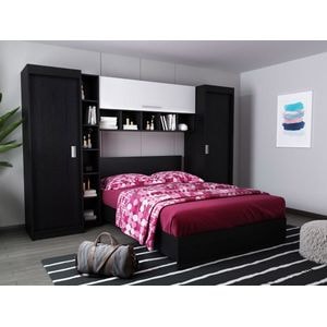 Mobila dormitor Bingo, pat 140 x 200 cm, dulap, corp superior, alb-wenge