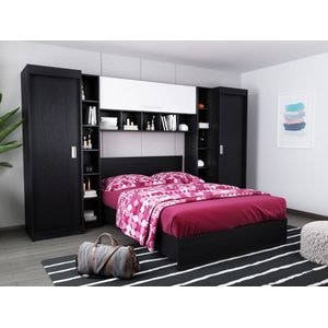 Mobila dormitor Bingo, pat 140 x 200 cm, dulap, corp superior, alb-wenge