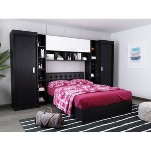 Mobila dormitor Bingo, pat 140 x 200 cm, dulap, corp superior, alb-wenge