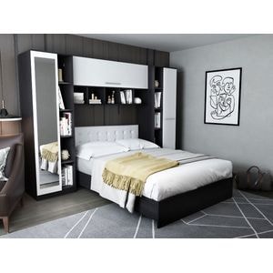 Mobila dormitor Mario, pat 140 x 200 cm, dulap, corp superior, alb-wenge
