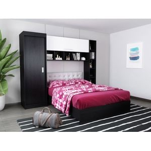 Mobila dormitor Bingo, pat 140 x 200 cm, dulap, corp superior, alb-wenge