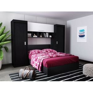 Mobila dormitor Bingo, pat 140 x 200 cm, dulap, corp superior, alb-wenge