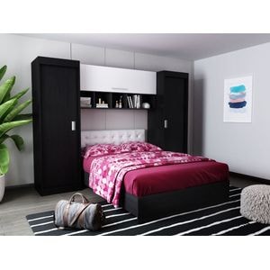 Mobila dormitor Bingo, pat 140 x 200 cm, dulap, corp superior, alb-wenge