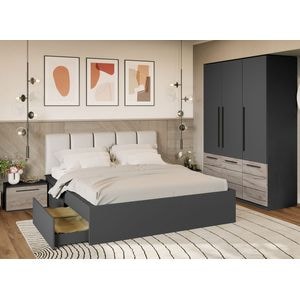 Mobila dormitor Noce, pat 160 x 200 cm, dulap, 2 noptiere, antracit