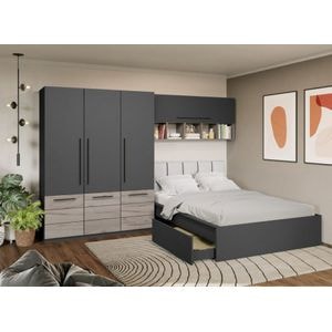 Mobila dormitor Noce, pat 140 x 200 cm, dulap, corp superior, antracit